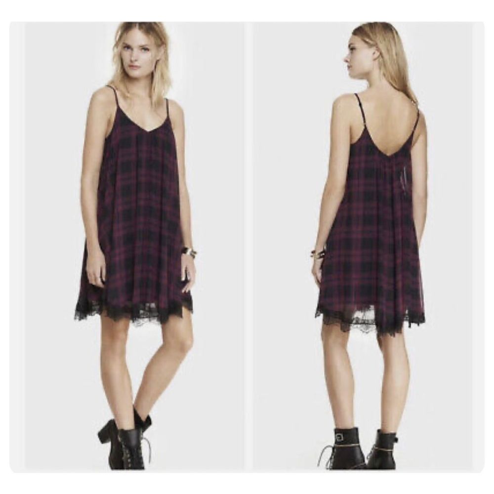 Express purple black plaid lace trim swing sundress
